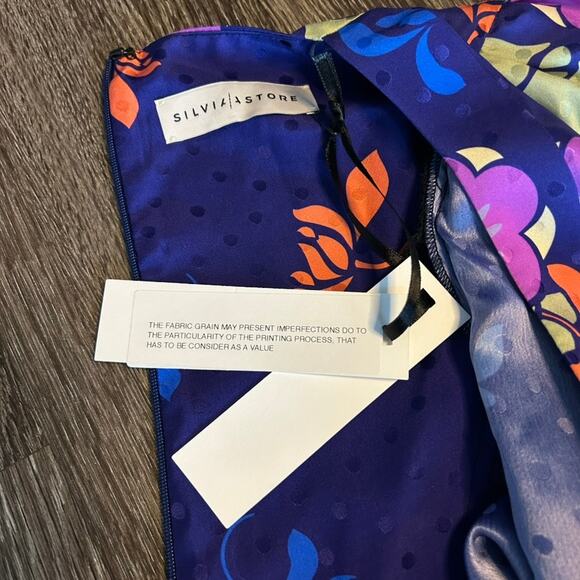 NWT Silvia Astore Jade Blue Floral Silk Midi Dress Size 42 |‎ Medium Long Sleeve - Picture 16 of 16